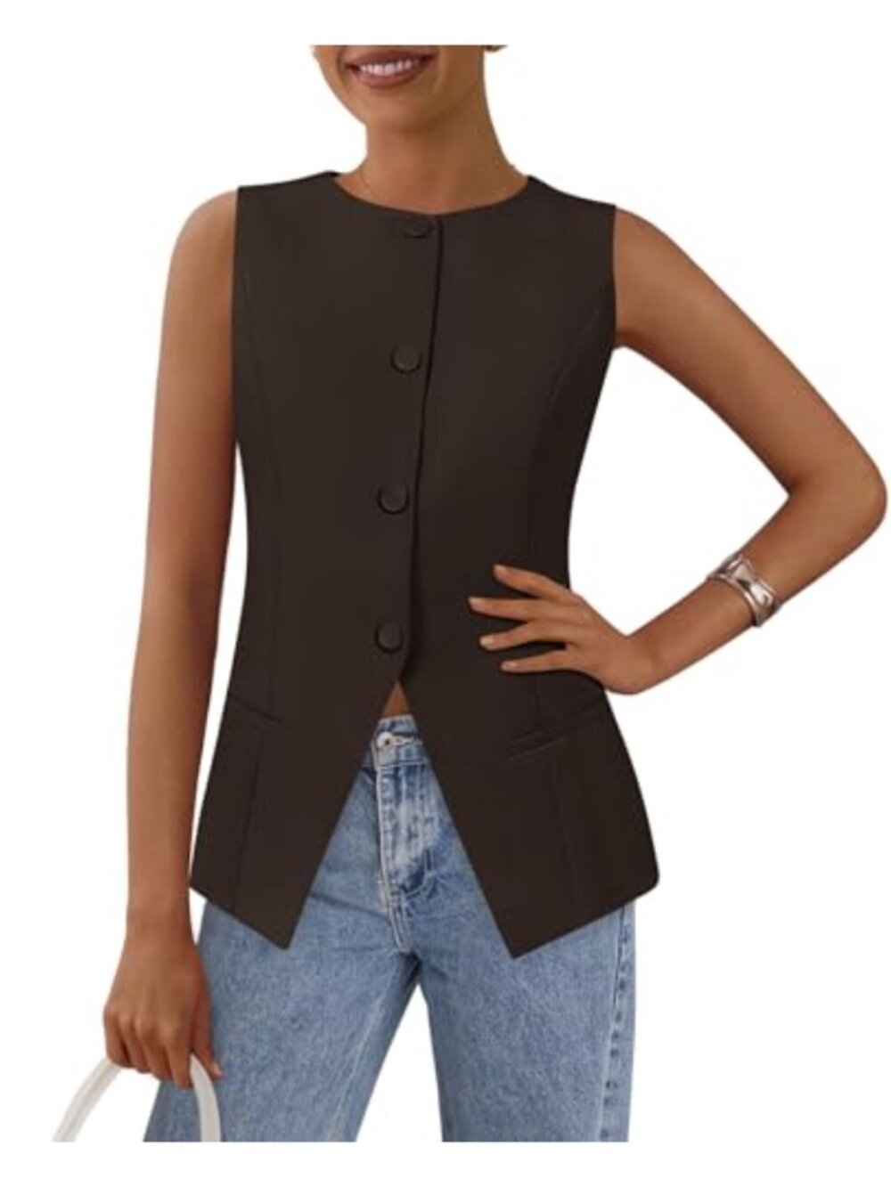 Women's Suit Vest Sleeveless Button Down Business Casual Office Top with Pockets